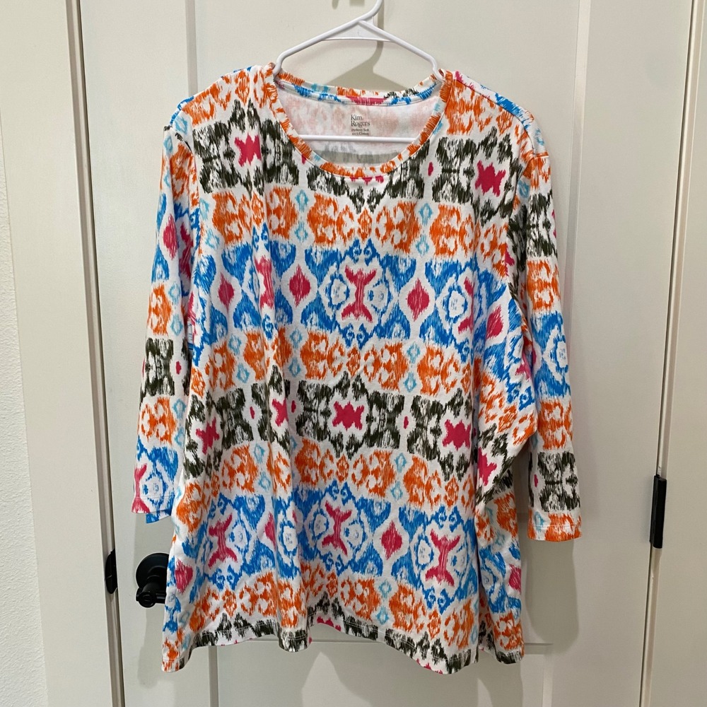 Kim Rogers 3X Perfectly Soft 100% Cotton Ikat Print 3/4 Sleeve Top Multi-Color